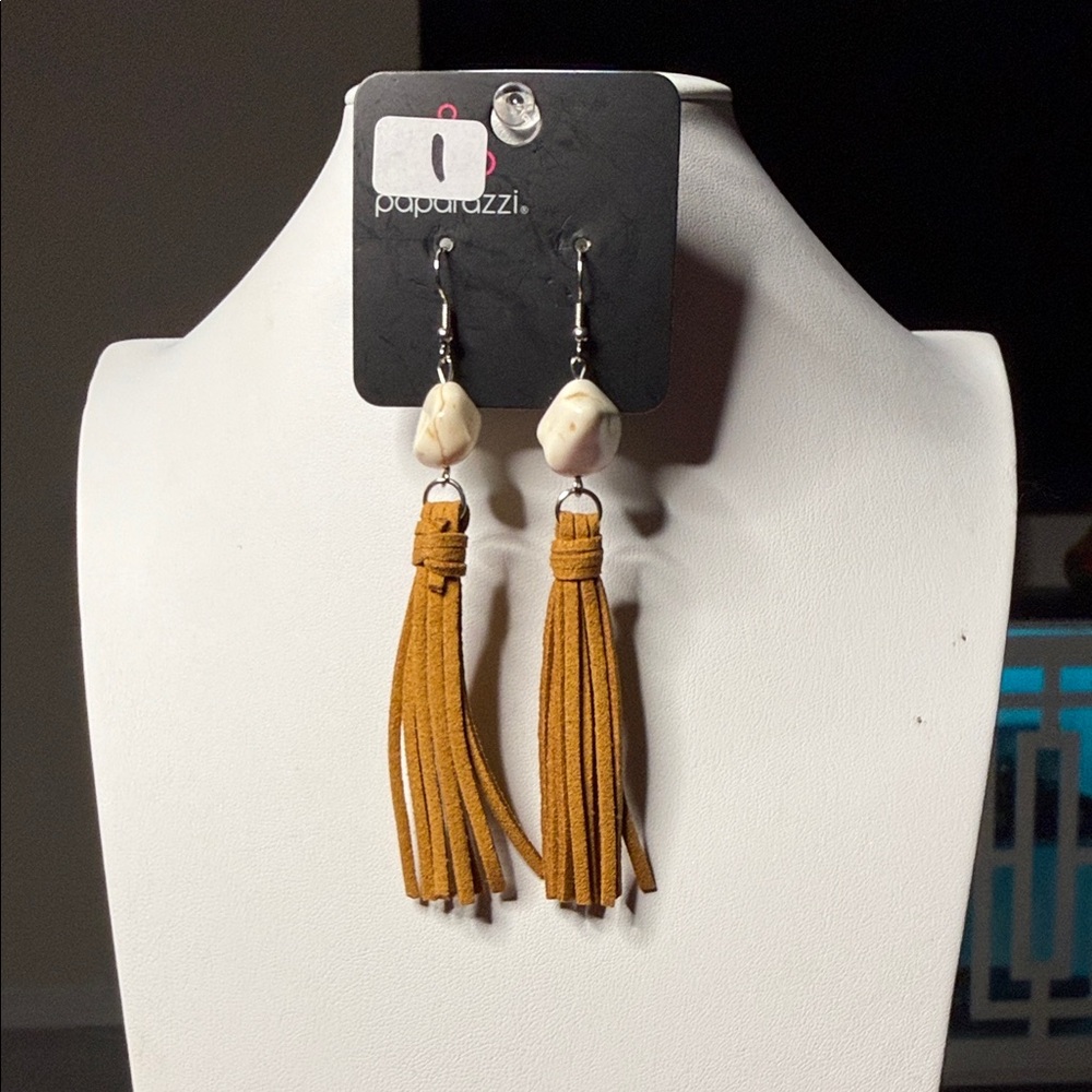 paparazzi Mustard Suede Tassel Earrings with Cream Stone Bead